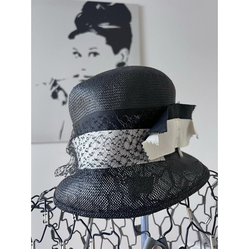 Vintage Black‎ Straw Cloche Hat with Net Veil and Grosgrain Ribbon Bow